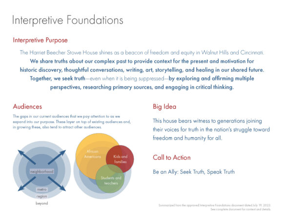 Slide with text about storytelling, freedom, diverse audiences, and critical thinking, using colorful circles as visuals.